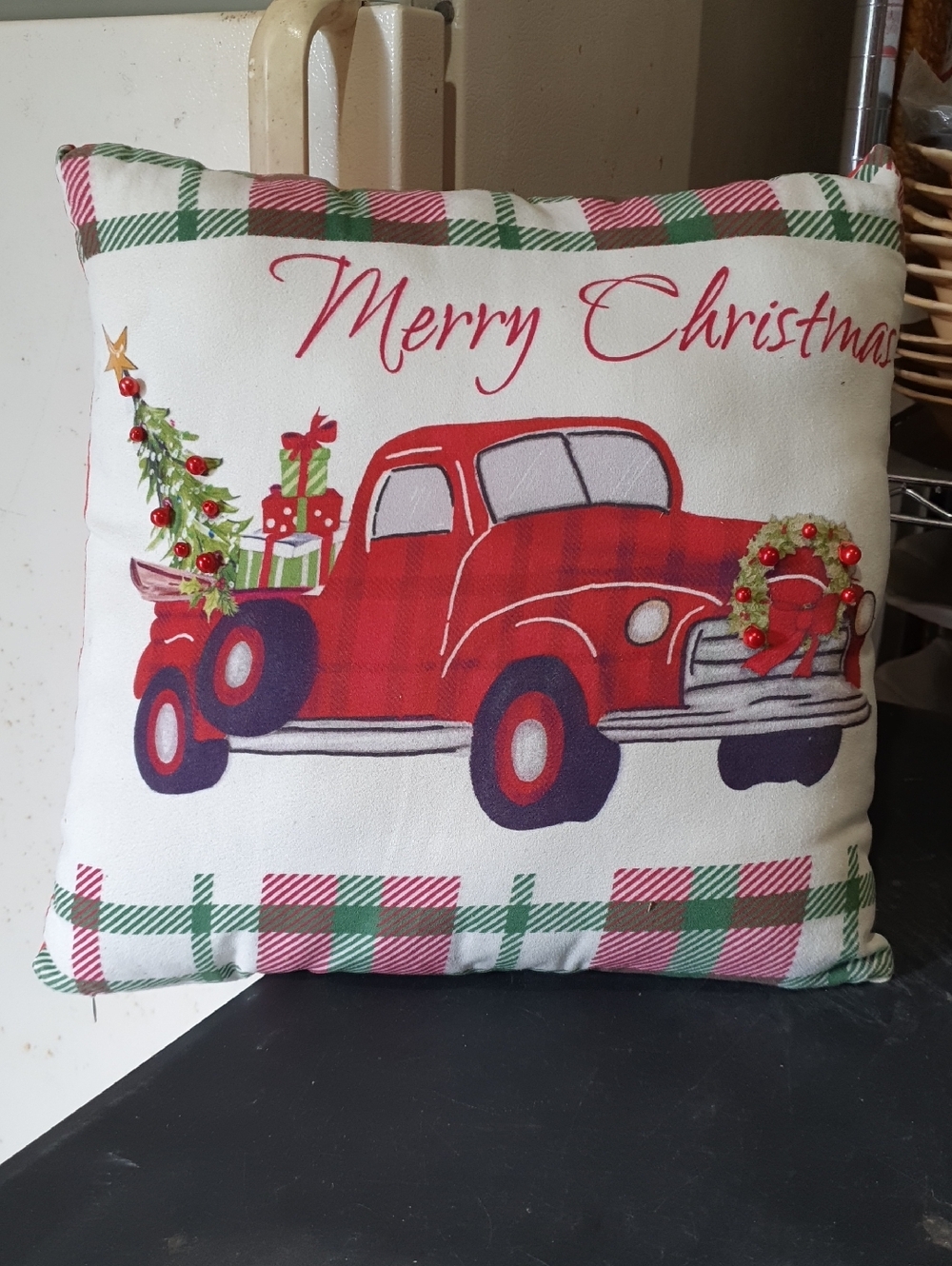 💜 Merry Christmas Red Truck Decorative Holiday Pillow